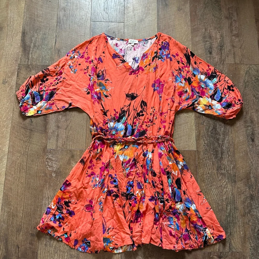 Women's VELZERA Orange Multicolor Floral Mini Dress 3X - Picture 2 of 10